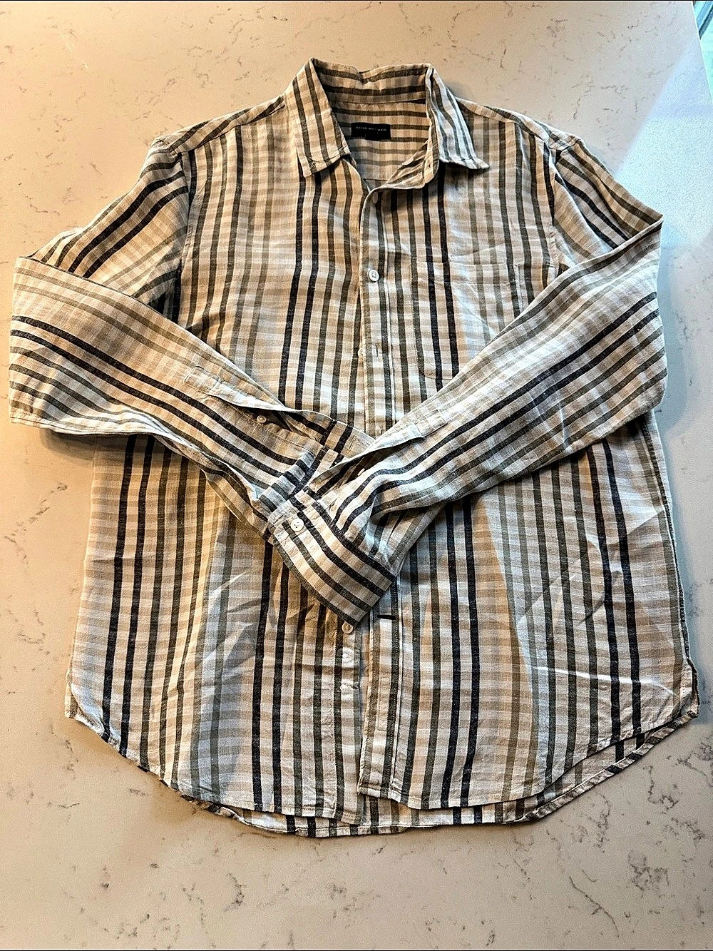 Club Monaco Men's Plaid Linen Long Sleeve Shirt Blue & White